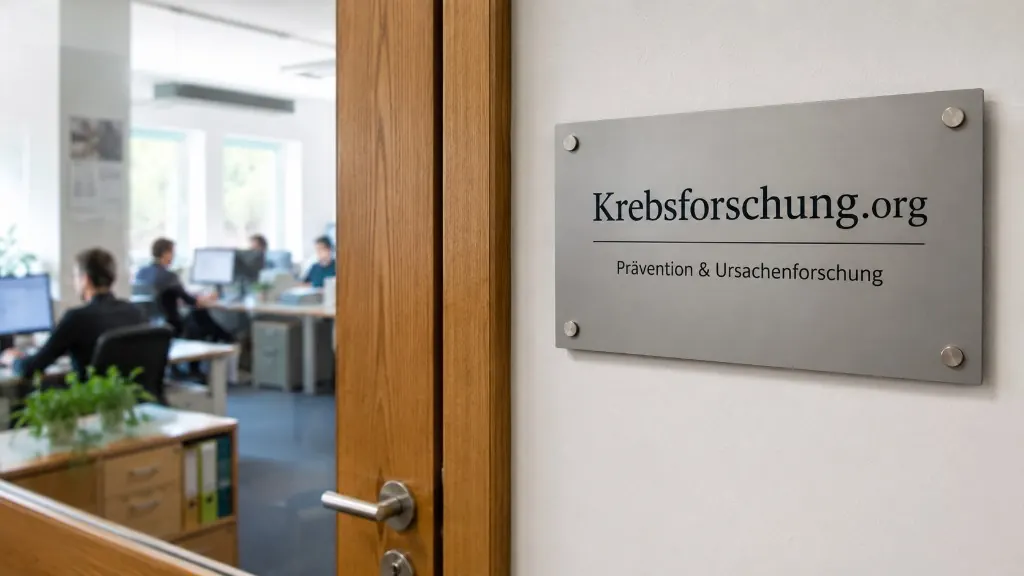 Schild von Krebsforschung.org an einer Bürotür mit Blick in einen Arbeitsraum.
