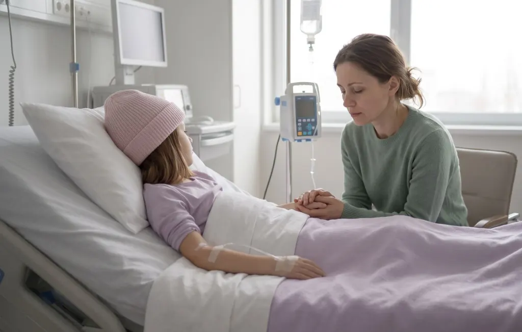 Kind mit Krebserkrankung liegt in einem modernen Krankenhausbett, während die Mutter ihre Hand hält.