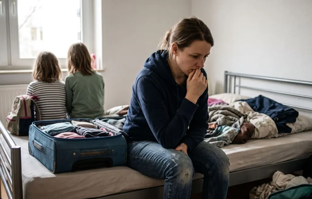 Eine Mutter sitzt mit gepacktem Koffer auf dem Bettrand, im Hintergrund zwei Kinder am Fenster – Ausdruck von Übergang und Sorge vor dem Neustart.