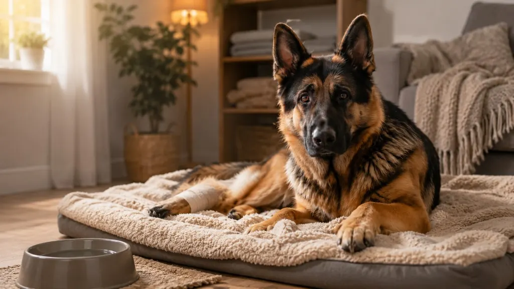 Deutscher Schäferhund liegt ruhig auf einer Decke in warmer häuslicher Umgebung, ohne sichtbare Wunden.
