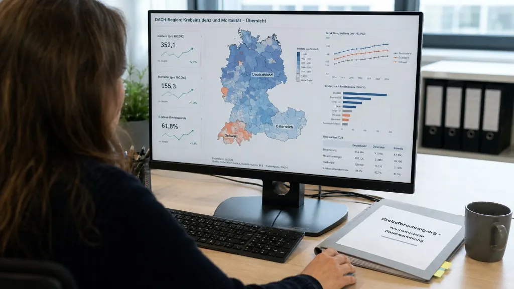 Arbeitsplatz mit Dashboard zu regionalen Krebsdaten für Deutschland, Österreich und die Schweiz.