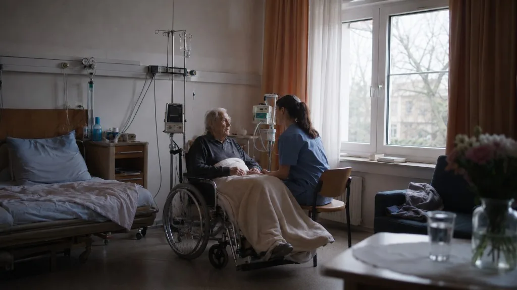 Symbolbild: Ein älterer Mann sitzt in einem Rollstuhl in einem ruhigen Pflegezimmer am Fenster. Eine Pflegeperson sitzt ihm zugewandt gegenüber. Die Szene wirkt still, würdevoll und nachdenklich.