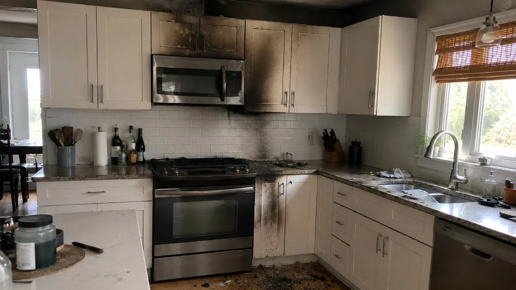 Rußgeschädigte Küche nach einem Wohnungsbrand mit beschädigten weißen Schränken, Edelstahlherd und starken Rußspuren an Wand und Decke.